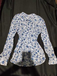 Zara Blue Floral Print Button-Up Top