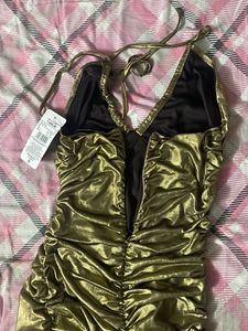 Metallic Ruched Halter Dress