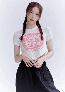 Cute White Crop Top with Pink Graphic Print