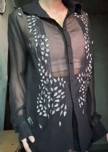 Black Sheer Embroidered Button-Up Shirt