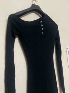 Black Ribbed Button Detail Off-Shoulder Dress
