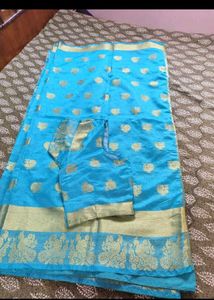 Blue Silk Saree with Gold Border