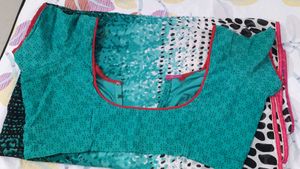 Aqua &amp; Black Polka Dot Print Fabric Saree n Blouse