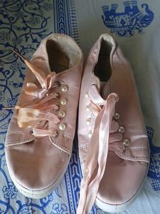 Pink Satin Sneakers with Pearl &amp; Ribbon Accents