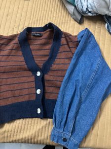 Stylish Cardigan with Denim Sleeves