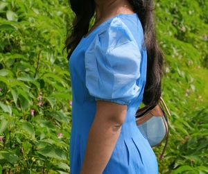 Blue Square Neck Puff Sleeve Midi Dress
