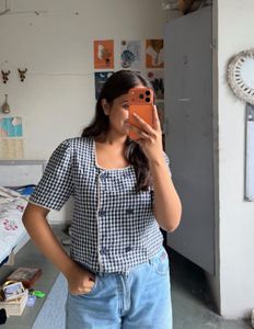 Cute Gingham Square Neck Top