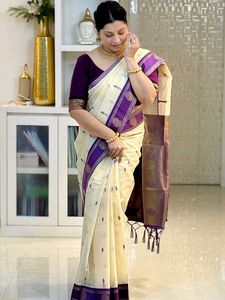 Elegant Cream &amp; Purple Saree
