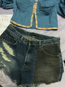 Blue Puff Sleeve Corset Top &amp; Distressed Denim Sho