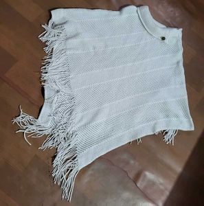 White Knit Poncho with Fringe