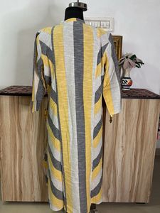 Yellow &amp; Grey Striped Kurta with Lace Detail