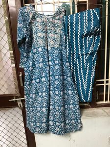 Teal Floral Print Kurta Set