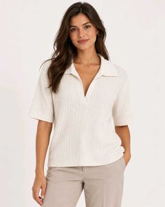 Cream Ribbed Polo Top