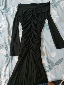 Black Off-Shoulder Ruched Mesh Dress