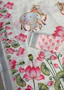Beautiful White Lotus Print Saree