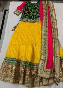 Designer Yellow, Emerald Green &amp; Pink Lehenga Set