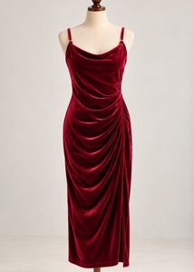 Burgundy Velvet Ruched Midi Dress