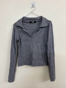Grey Ribbed Collared Long Sleeve Top