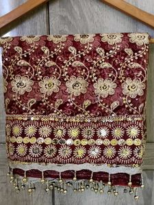 Maroon Embroidered Dupatta with Tassels