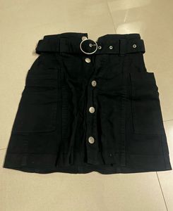 Button-Down Black Denim Mini Skirt