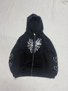 Black Zip-Up Hoodie with Spiderweb & Hearts