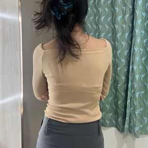 Ribbed Off-Shoulder Long Sleeve Top