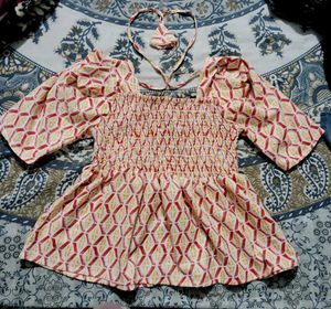 Smocked Puff Sleeve Blouse with Tassel Tie