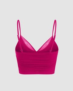 Mesh V Neck Ruched Strappy Hot Pink Crop Top