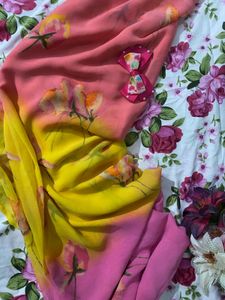 Floral Print Saree - Pink &amp; Yellow