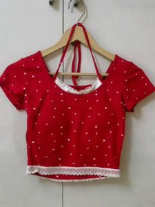 Red Cropped Top with Lace Trim