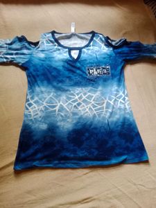 Blue Tie-Dye Cold Shoulder Top