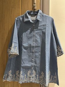 Embroidered Denim Tunic Top
