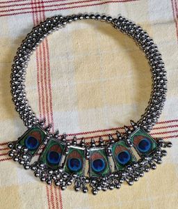 Peacock Design Oxidized Silver Necklace Set