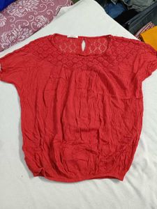 Red Textured Top with Lace Detail