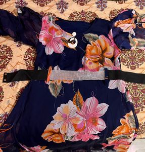 Navy Floral Print Gown with Embellished Belt