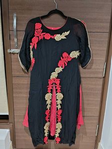 Black Kurta Set with Red Skirt