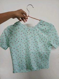 Mint Green Floral Print Ribbed Crop Top