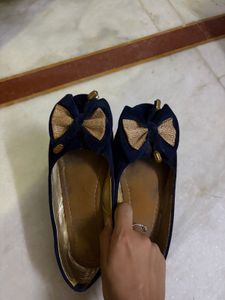 Navy Blue Ballerinas with Gold Bow