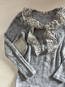 Gray Knit Sweater with Ruffle Collar