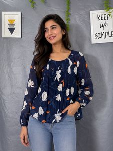 Navy Floral Print Pleated Blouse