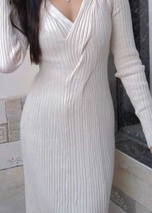 Cream Ribbed Knit Midi Dress