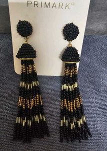 Black &amp; Gold Beaded Tassel Earrings