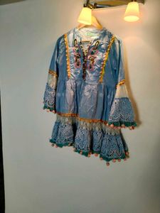 Blue Embroidered Kurta with Tassels