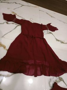 Girls' Maroon Embroidered Kurta Set
