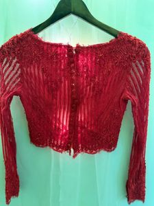 Red Lace Trim Long Sleeve Crop Top