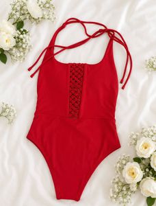Stunning Red One-Piece Swimsuit with Crochet Detai