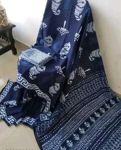 Blue & White Batik Print Malai Cotton Saree