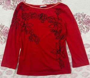 Red Embroidered 3/4 Sleeve Top