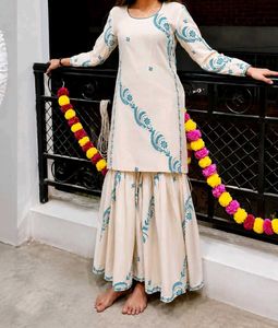 Cream Kurta Set with Blue Embroidery