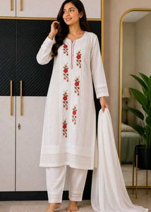 White Kurta With Red Floral Embroidery  🤍♥️